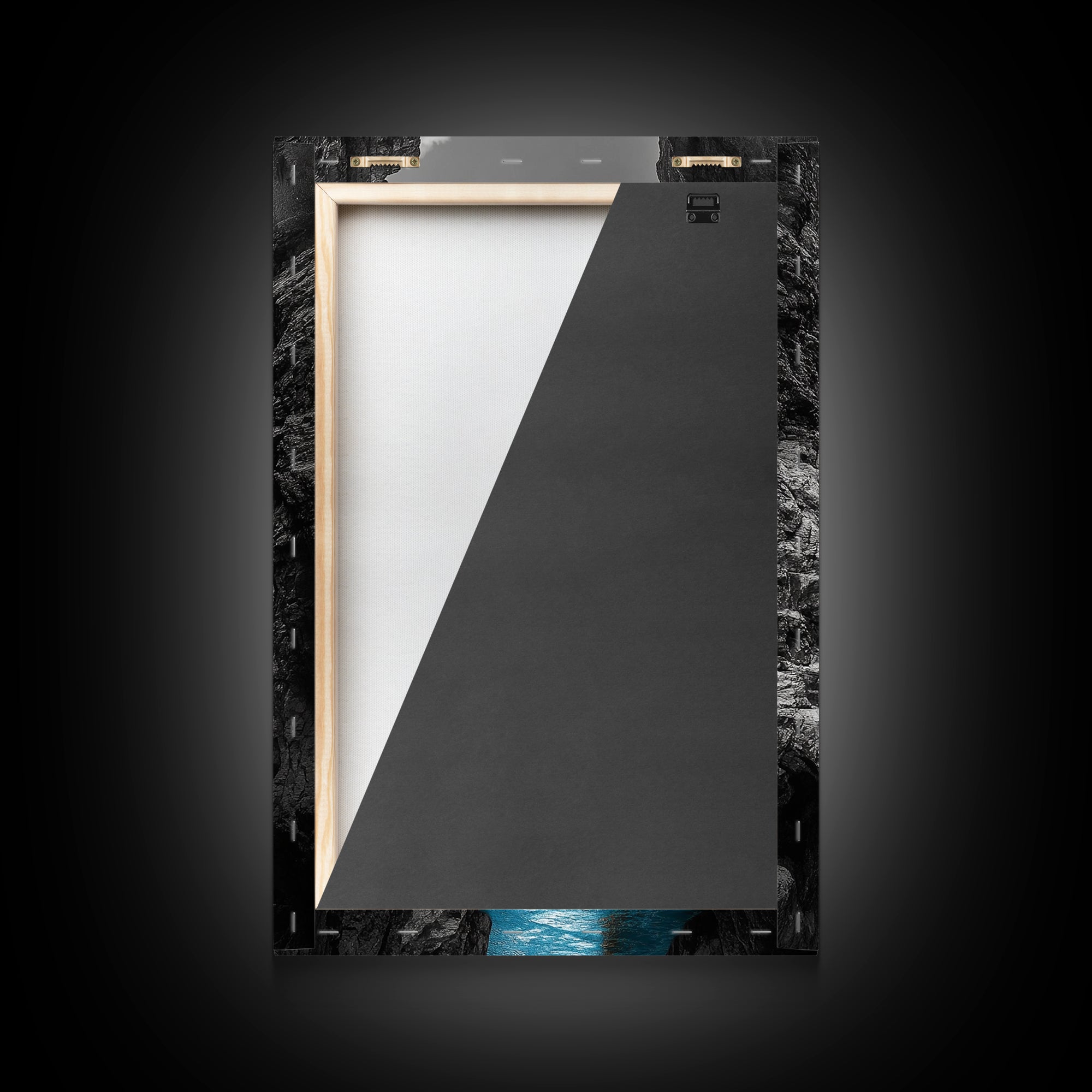 Canyon Bridge, Blue River, Yellow Figure, Framed Canvas Print, Bold Color Photography, Dramatic Landscape, Office Statement Art