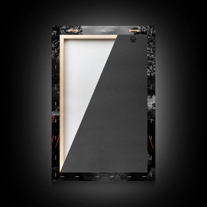 Campfire Chairs Lake, Autumn Firepit Scene, Rustic Retreat, Cabin Escape, Framed Canvas Print, cozy wall art, man cave cabin decor