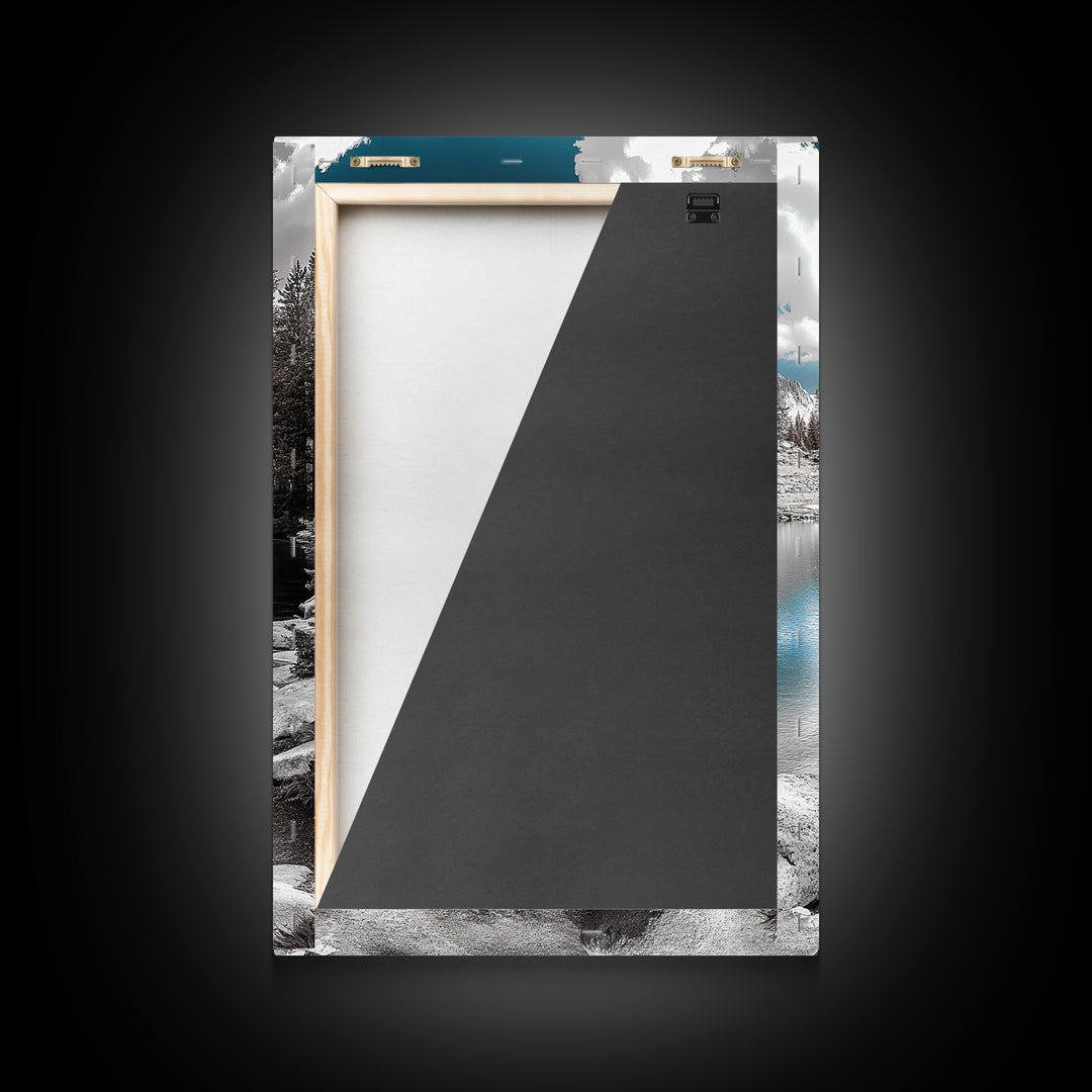 Crystal Lake Peaks, Serene Mountain Reflection, Monochrome Water Scene, Canvas Print, Bedroom Wall Art, Nature Photography Decor