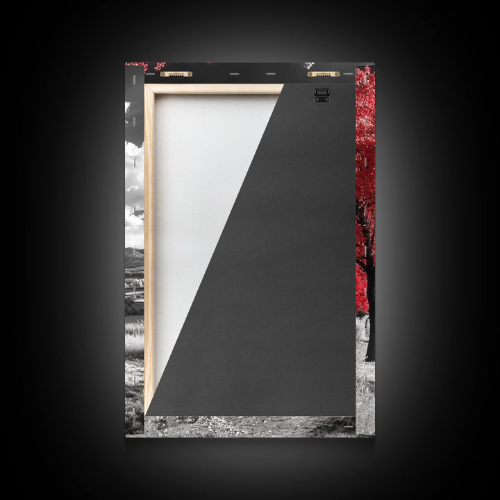 Autumn Red Tree, Scenic Road, Countryside Field, Framed Canvas Print, Fall Wall Art, Rustic Home Decor, Nature Photography, Office Accent