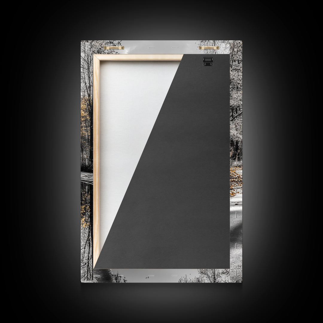 Autumn Trees, Yellow Reflection, Calm River, Nature Path, Framed Canvas Print fall landscape wall art, minimalist forest photography