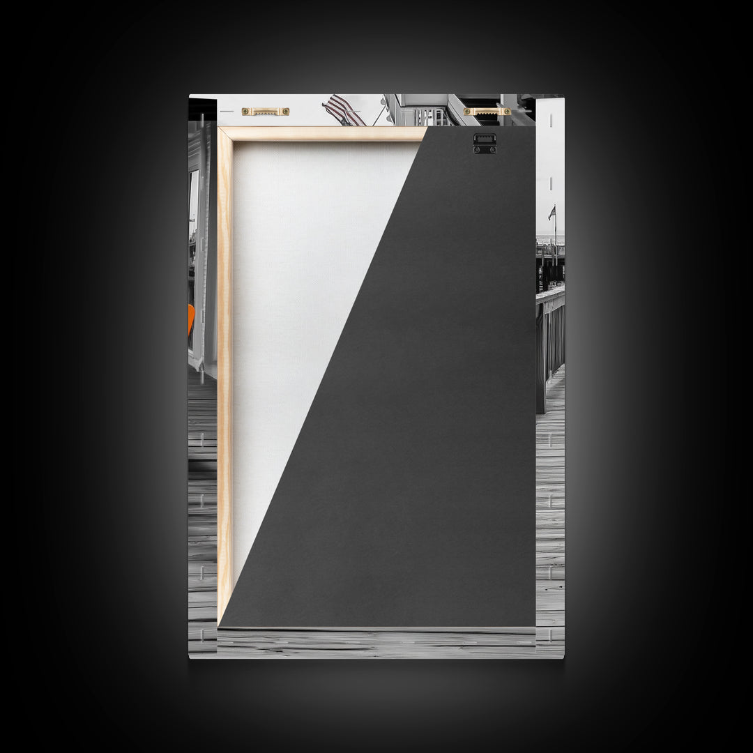 Boardwalk Chairs, Orange Seating, Coastal Town, Wooden Path, Framed Canvas Print beach town photography, nautical home decor, coastal art