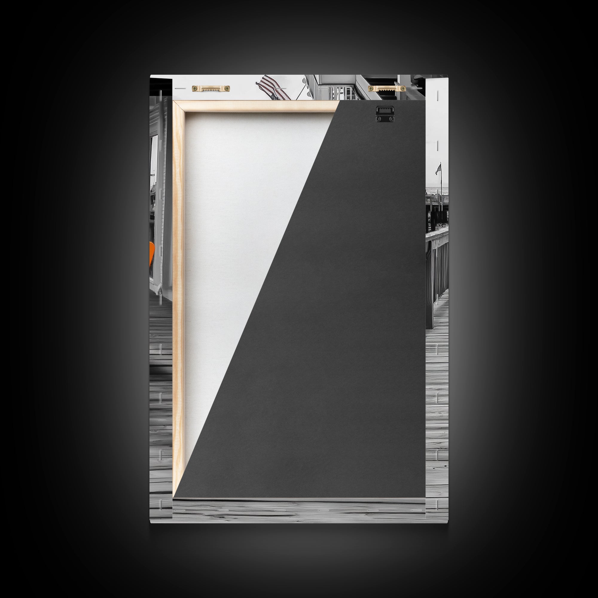 Boardwalk Chairs, Orange Seating, Coastal Town, Wooden Path, Framed Canvas Print beach town photography, nautical home decor, coastal art