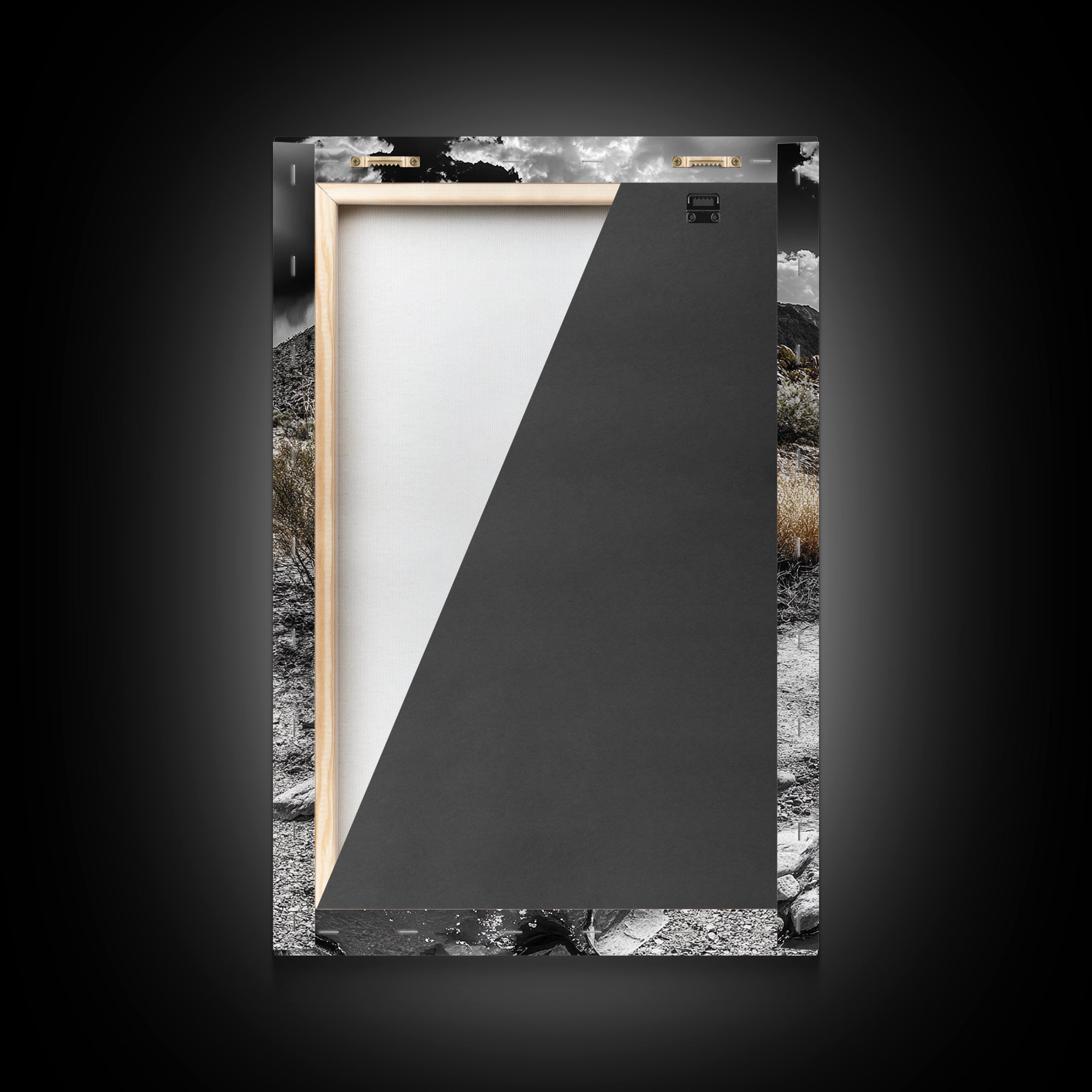 Desert Stream, Rocky Canyon, Moody Sky, Framed Canvas Print, Monochrome Landscape, Minimalist Art, Office or Entryway Decor