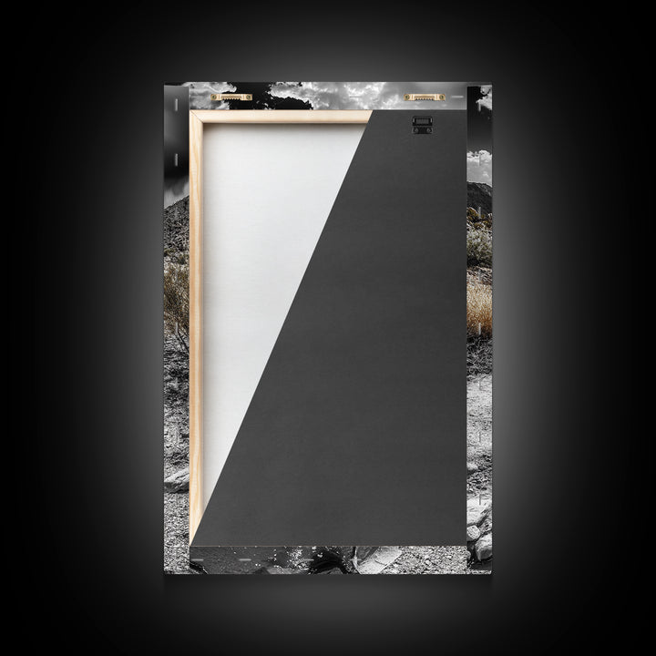 Desert Stream, Rocky Canyon, Moody Sky, Framed Canvas Print, Monochrome Landscape, Minimalist Art, Office or Entryway Decor