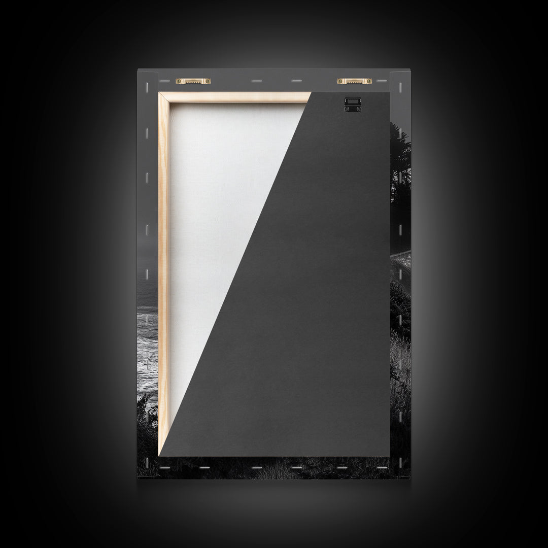 Cabin on Cliff, Moody Coastal Art, Glowing Window, Sunset Seascape, Framed Canvas Print, Minimalist Landscape, Living Room Wall Art