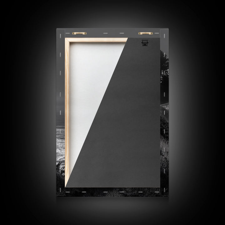 Cabin on Cliff, Moody Coastal Art, Glowing Window, Sunset Seascape, Framed Canvas Print, Minimalist Landscape, Living Room Wall Art