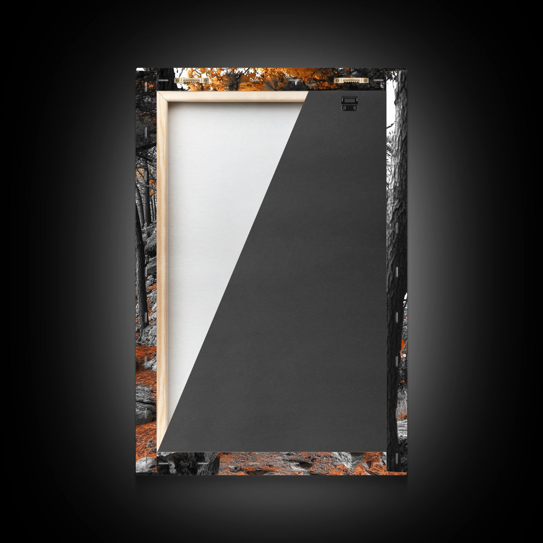 Autumn Forest Path, Orange Leaves, Rocky Woods Trail, Tranquil Nature, Framed Canvas Print, Fall Decor, Cabin Wall Art, Rustic Style