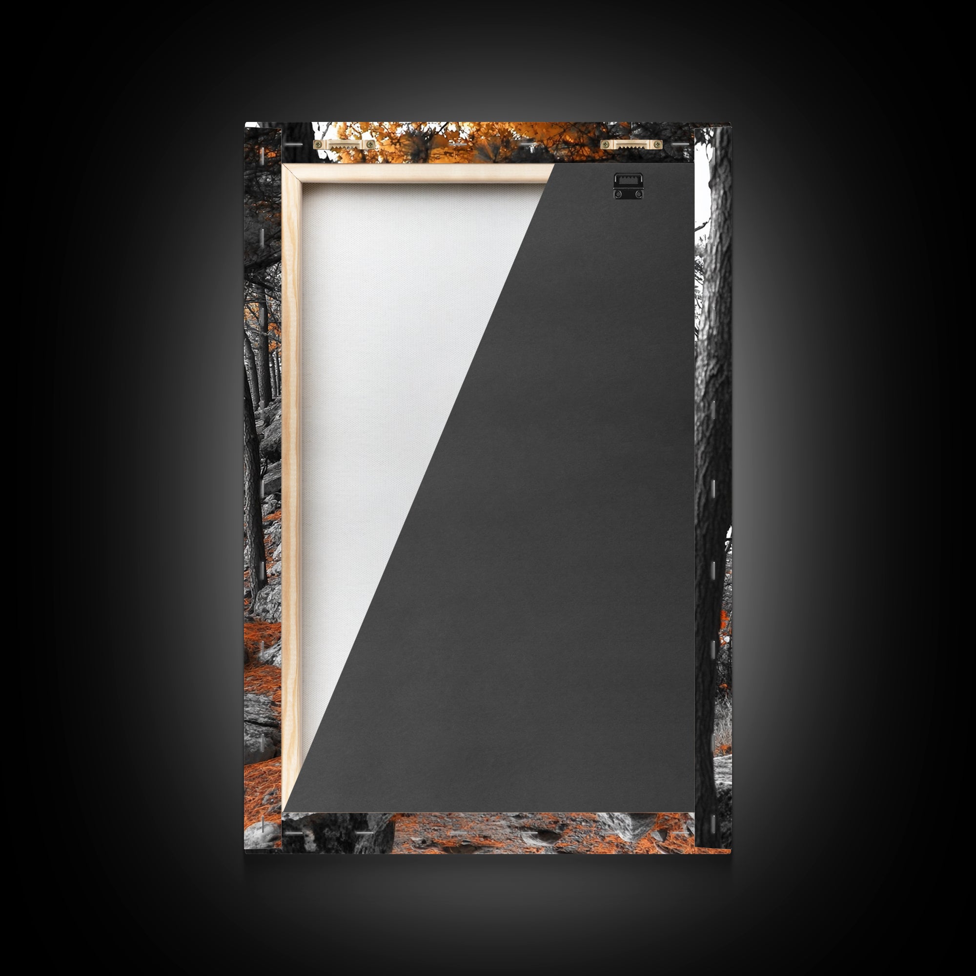 Autumn Forest Path, Orange Leaves, Rocky Woods Trail, Tranquil Nature, Framed Canvas Print, Fall Decor, Cabin Wall Art, Rustic Style