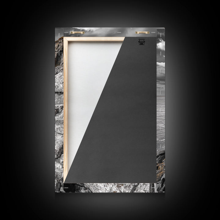 Rugged Cliff Coast, Ocean Rocks, Dramatic Sky, Seaside View, Framed Canvas Print, Coastal Decor, Living Room Wall Art, Earthy Tones