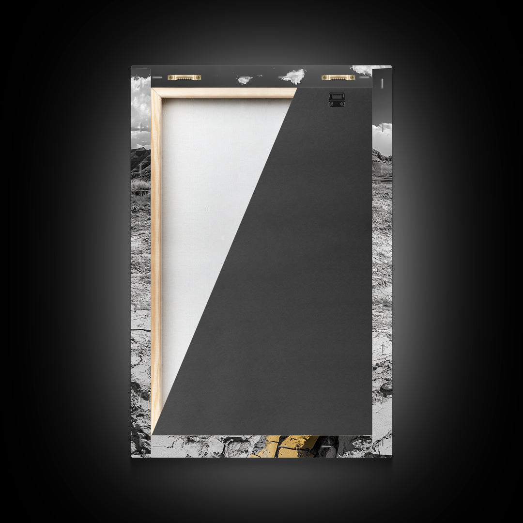 Desert Riverbed, Yellow Crack Trail, Dry Earth Path, Framed Canvas Print, Southwestern Wall Art, Minimalist Nature Decor, Earth Tone Style