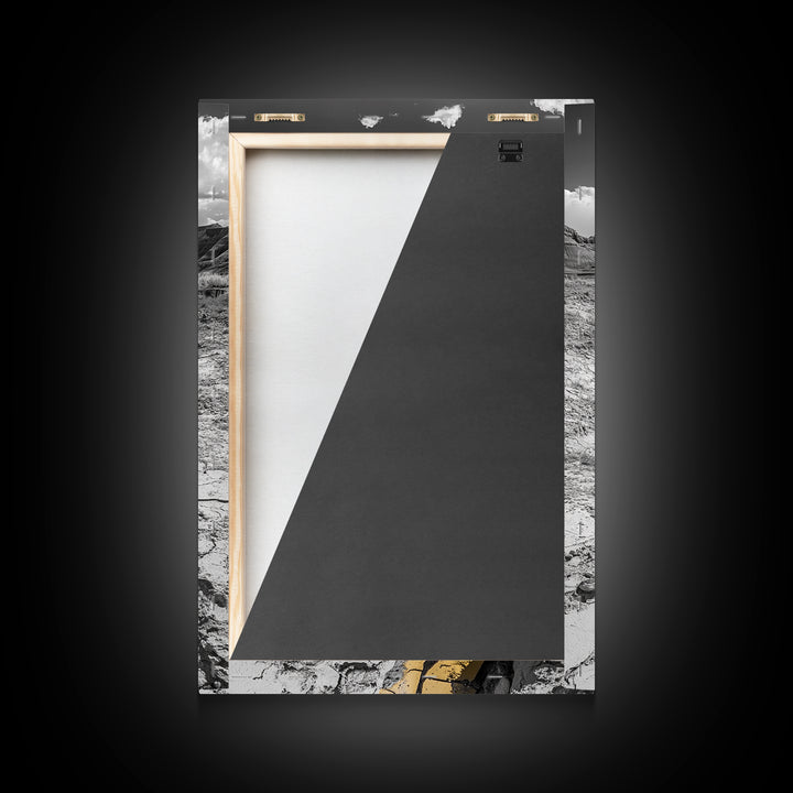 Desert Riverbed, Yellow Crack Trail, Dry Earth Path, Framed Canvas Print, Southwestern Wall Art, Minimalist Nature Decor, Earth Tone Style