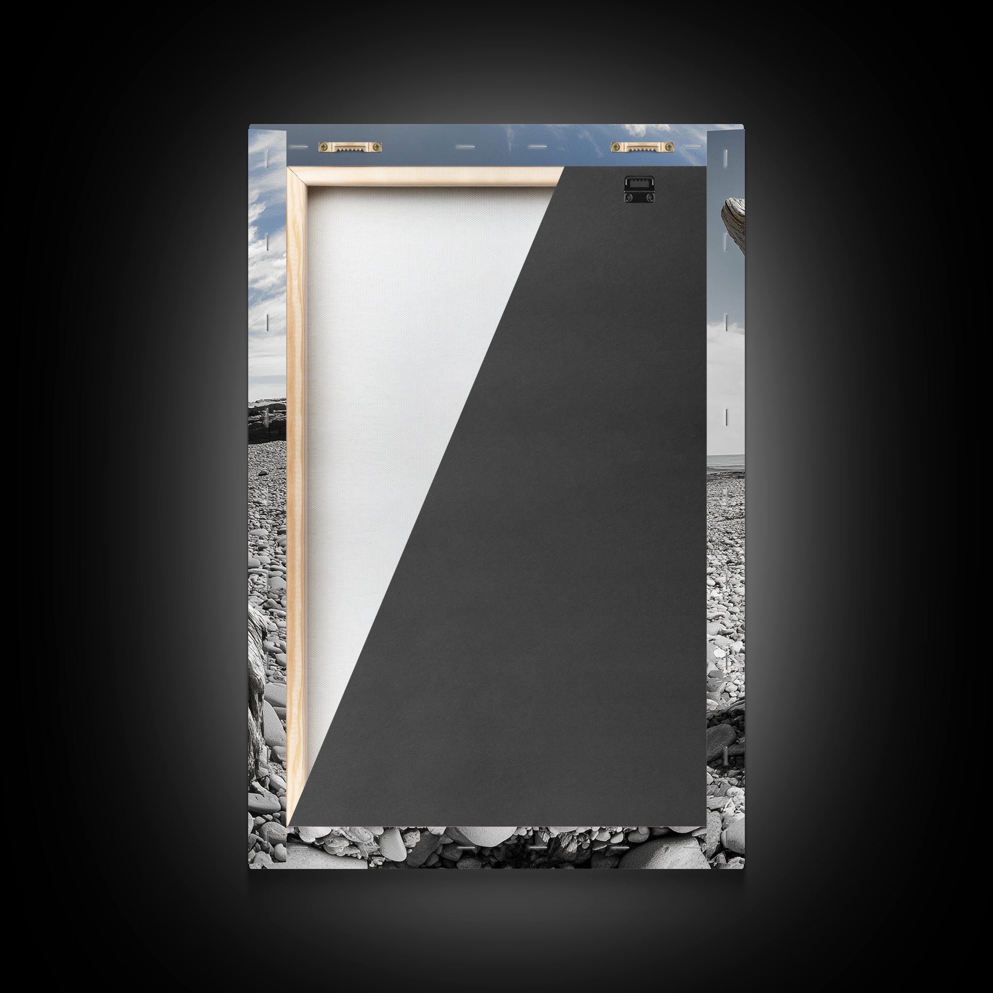 Coastal Driftwood, Beach Stump, Pebble Shore, Framed Canvas Print, Rustic Wall Art, Bathroom Decor, Earthy Beach House Accent