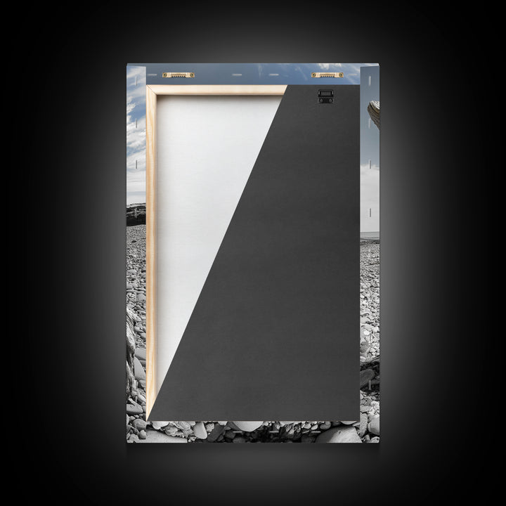 Coastal Driftwood, Beach Stump, Pebble Shore, Framed Canvas Print, Rustic Wall Art, Bathroom Decor, Earthy Beach House Accent