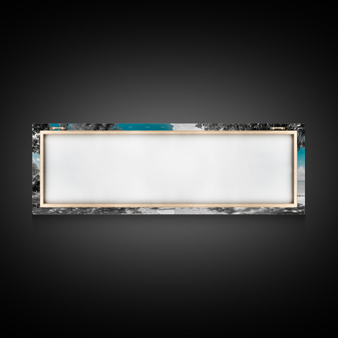 Beach House, Tropical Paradise, Yellow Cabin, Oceanfront View, Framed Canvas Print, Living Room Wall Art, Coastal Home Aesthetic