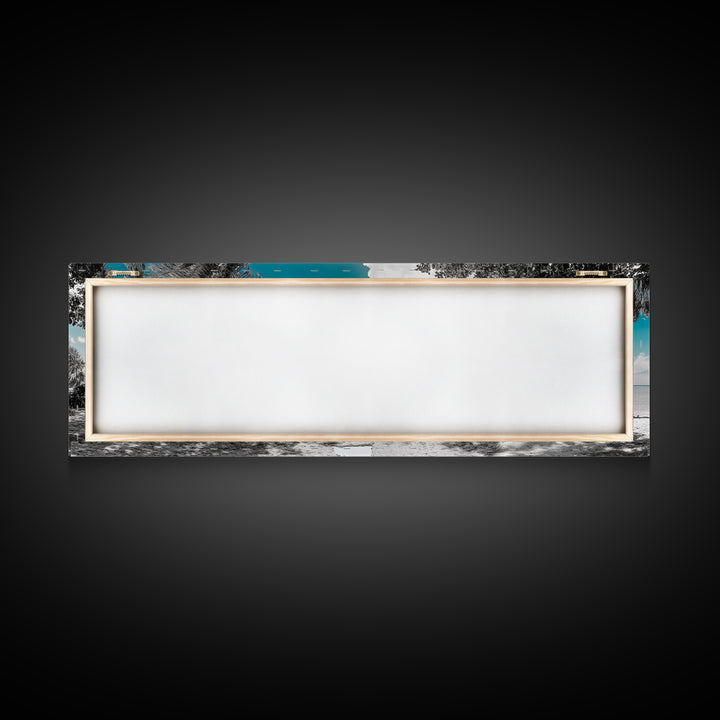 Beach House, Tropical Paradise, Yellow Cabin, Oceanfront View, Framed Canvas Print, Living Room Wall Art, Coastal Home Aesthetic