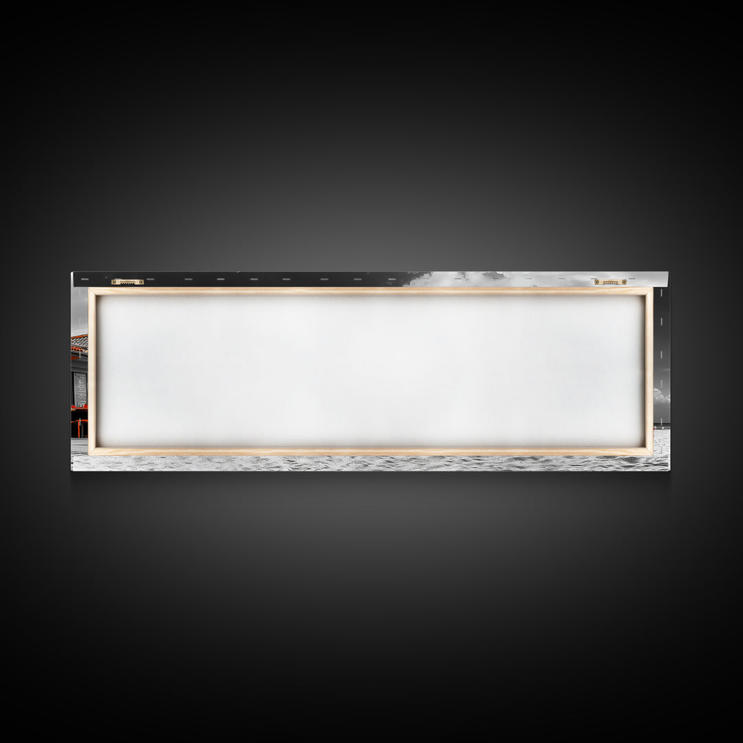 Beach Cafe, Orange Umbrellas, Seaside Dining, Sunny Vibes, Framed Canvas Print, Kitchen Wall Art, Summer Coastal Style