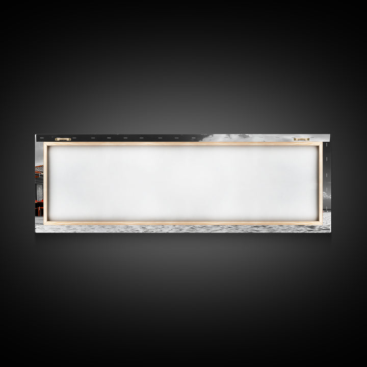 Beach Cafe, Orange Umbrellas, Seaside Dining, Sunny Vibes, Framed Canvas Print, Kitchen Wall Art, Summer Coastal Style