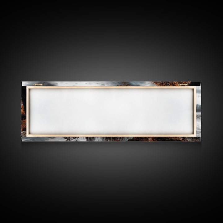 Autumn Lake, Stormy Sky, Wooden Dock, Canvas Print, fall landscape wall art, cozy home decor, cabin style print, orange forest reflections