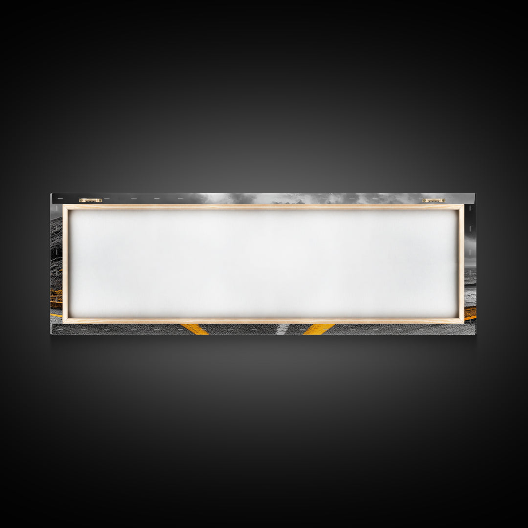 Coastal Highway Drive, Scenic Ocean Road, Stormy Sky Vibes, Framed Canvas Print, Modern Wall Art, Office Decor, Monochrome Landscape