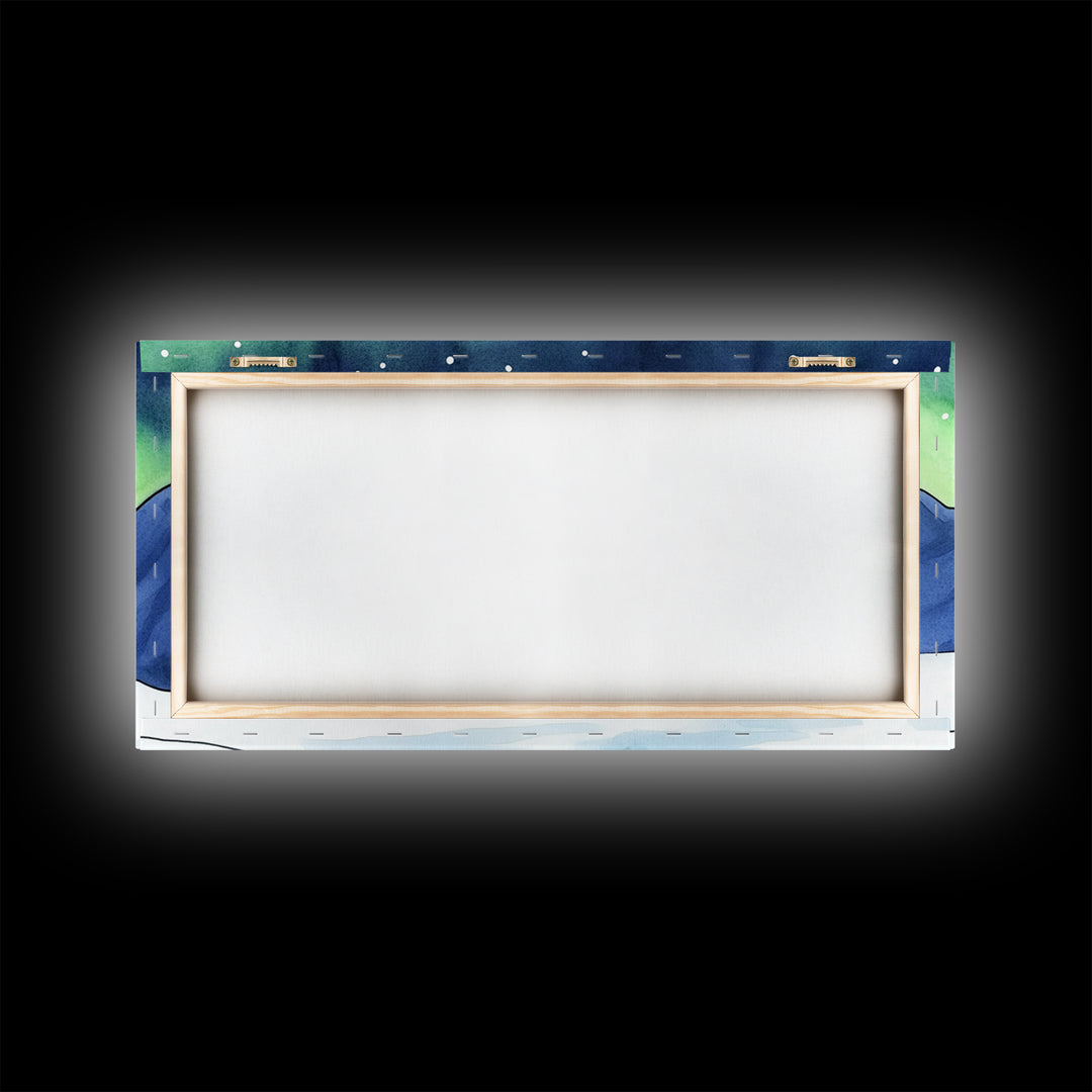 Blue Bird Under Northern Lights Canvas Print, Aurora Mountain Landscape Wall Decor For Nursery, Kids Room, Winter Home Decor