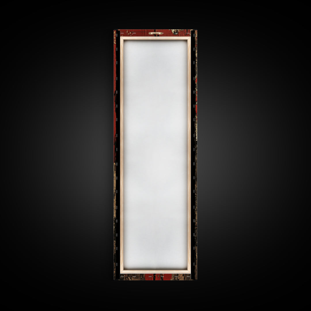 Rustic Red Door With White Sun Wall Art, Weathered Japanese Texture Print, Narrow Vertical Decor, Wabi Sabi Canvas Print
