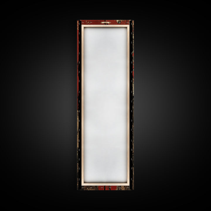 Rustic Red Door With White Sun Wall Art, Weathered Japanese Texture Print, Narrow Vertical Decor, Wabi Sabi Canvas Print