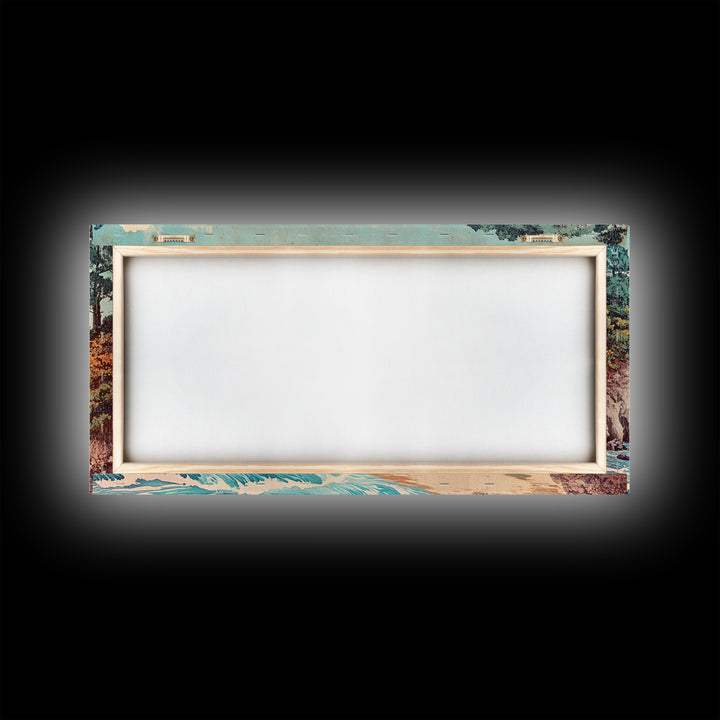 Pine Tree Coastal Cove Canvas Print, Japanese Seascape Wall Art, Ocean Waves, Beach House Decor, Calming Living Room Art