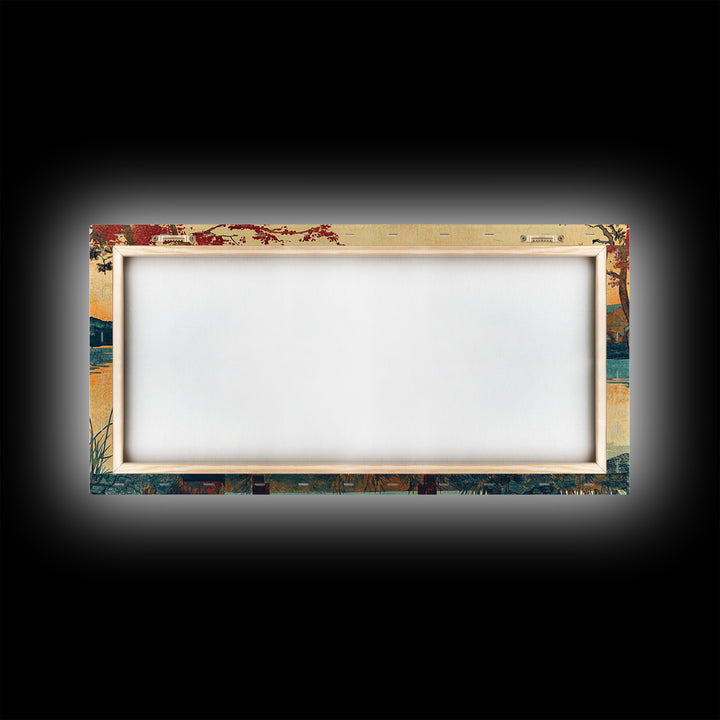 Autumn Lakeside Bench Mountain View Wall Art, Landscape Canvas Print, Rustic Cabin Decor, Serene Living Room Art, Home Decor