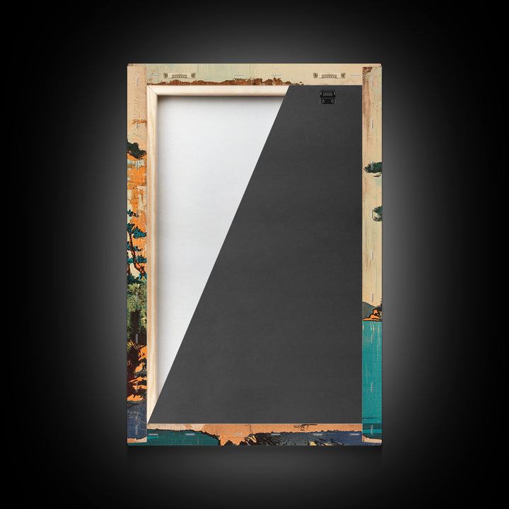 Lakeside Pine At Orange Sun Framed Canvas Print, Japanese Landscape Wall Art, Coastal Cabin Decor, Serene Nature Home Decor