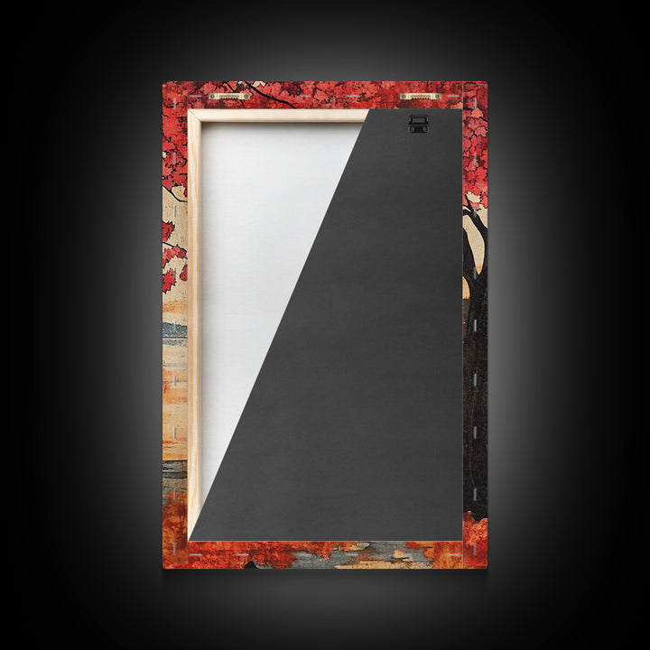 Red Maple Tree Bench By Quiet Lake Wall Art, Japanese Garden Print, Autumn Sunset Decor, Serene Living Room Wall Decor, Housewarming Gift