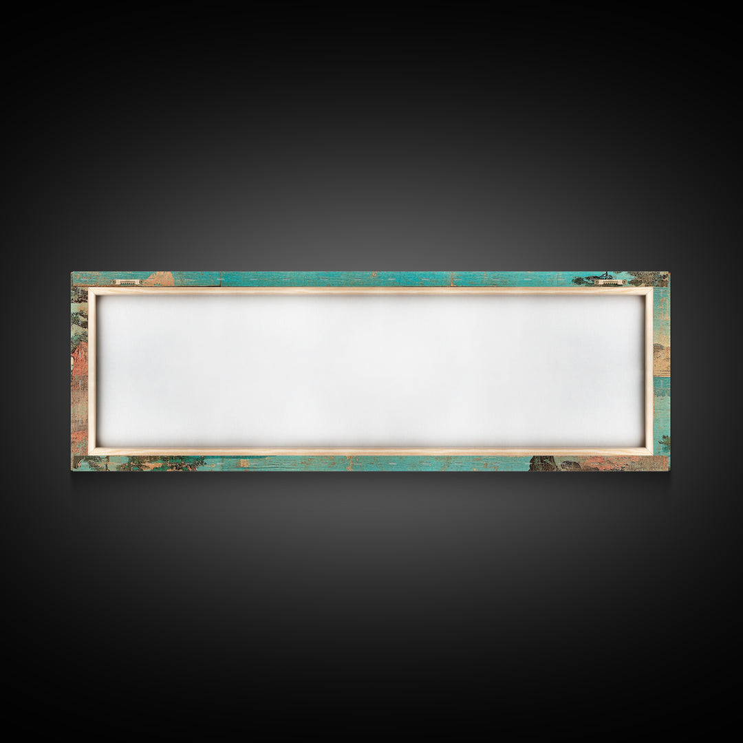 Turquoise Japanese Sea Sunset Framed Canvas Print, Coastal Landscape Wall Decor, Minimalist Panoramic Living Room Art Print