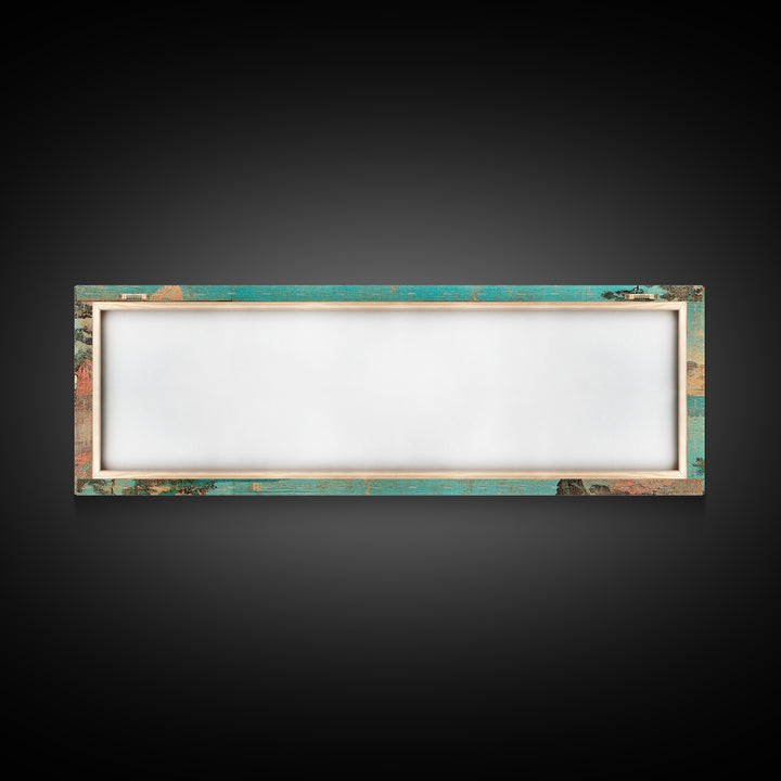 Turquoise Japanese Sea Sunset Framed Canvas Print, Coastal Landscape Wall Decor, Minimalist Panoramic Living Room Art Print