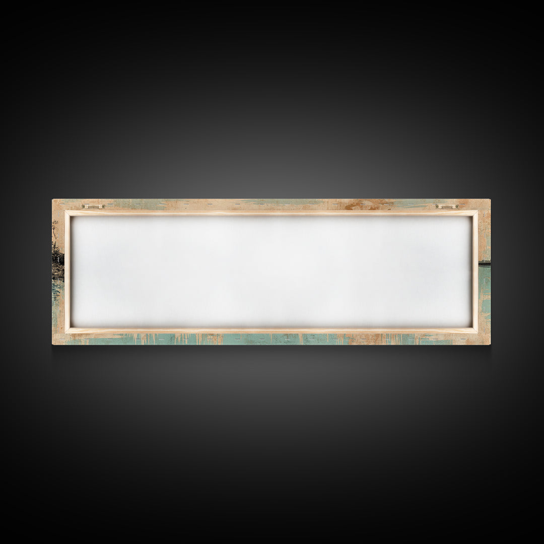 Red Sun Over Serene Teal Lake Wall Art, Japanese Landscape Print, Panoramic Canvas, Japandi Living Room Decor, Coastal Home Decor