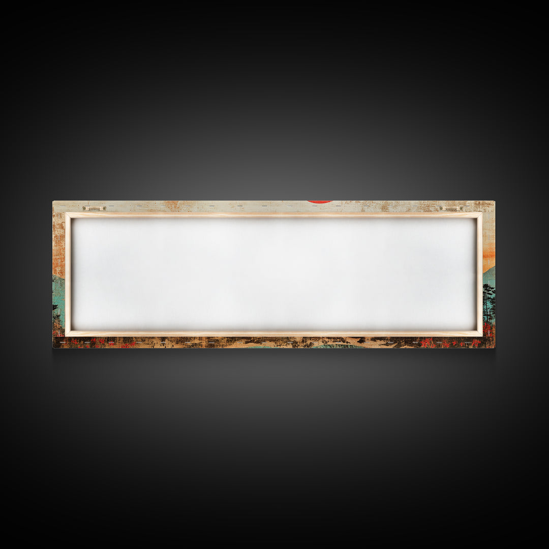 Red Sun Over Snowy Mountains And Pines Wall Art, Panoramic Canvas Print, Rustic Nature Decor, Large Landscape Art Home Decor