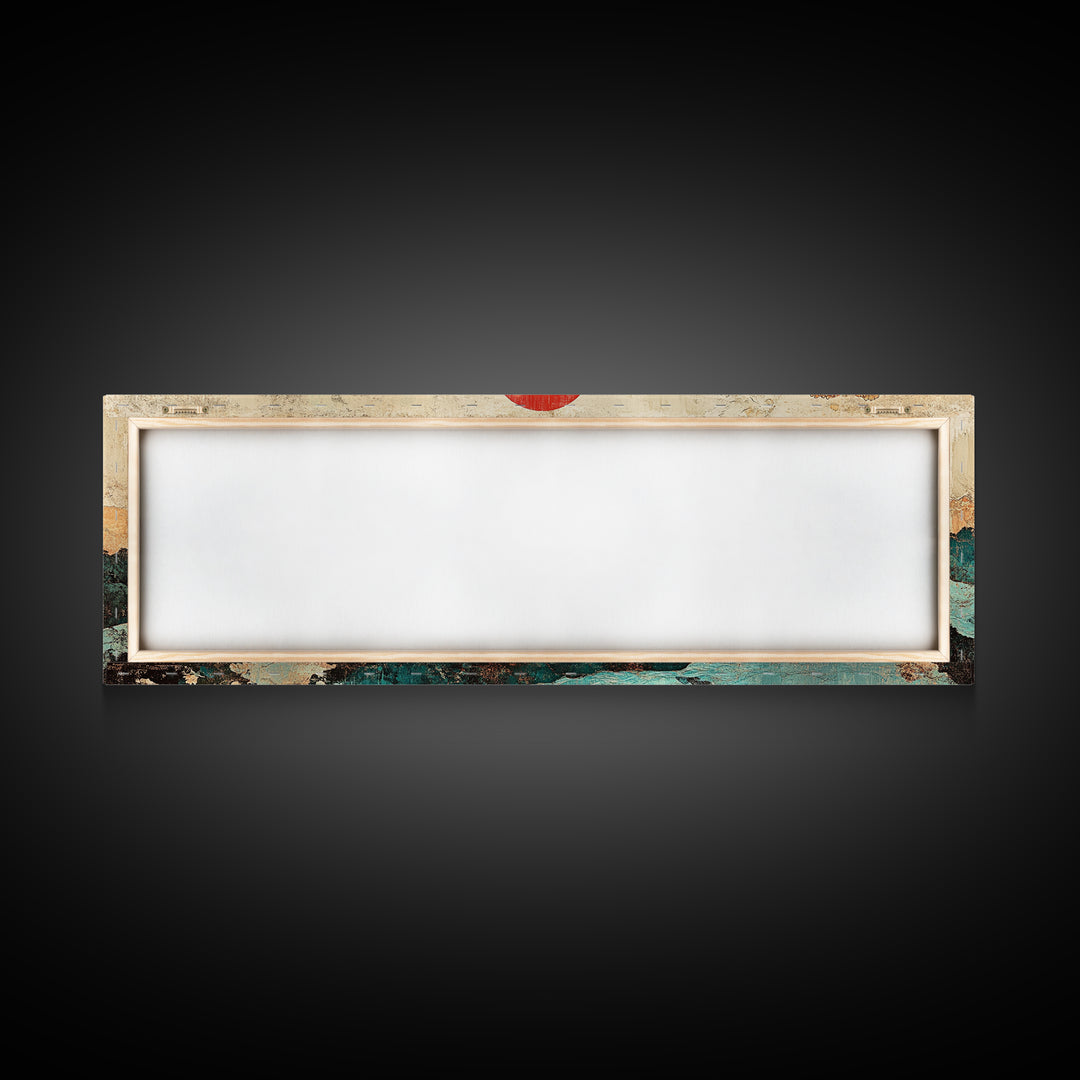 Red Sun Mountain River Landscape Wall Art, Japanese Wall Art, Panoramic Canvas, Japandi Decor, Living Room Wall Decor, Home Decor