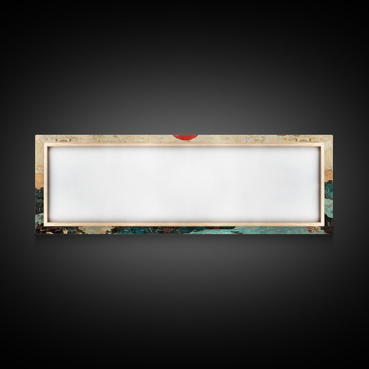 Red Sun Mountain River Landscape Wall Art, Japanese Wall Art, Panoramic Canvas, Japandi Decor, Living Room Wall Decor, Home Decor