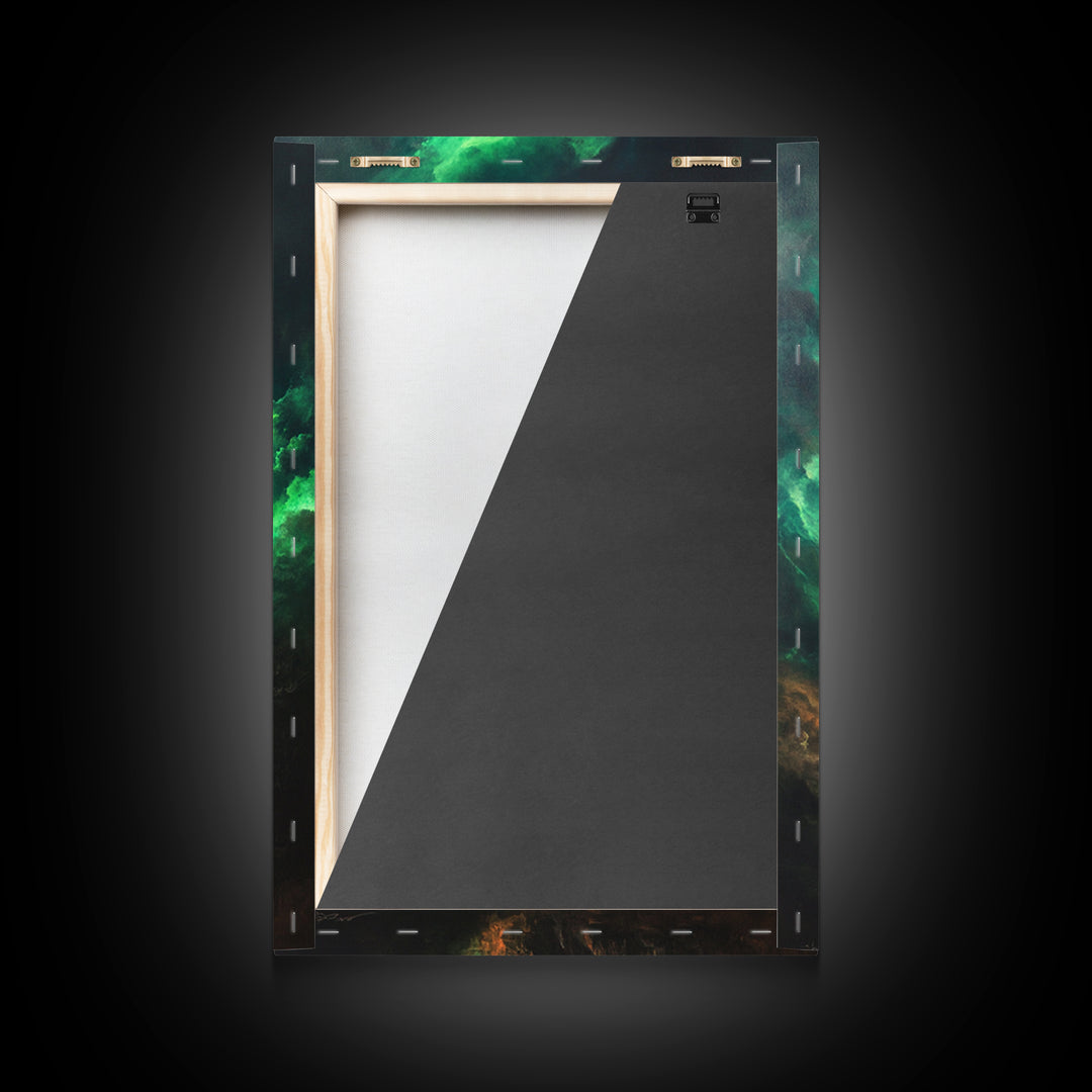 Emerald Gothic Cathedral In Storm Clouds Framed Canvas Print, Dark Fantasy Art, Moody Wall Decor, Dramatic Office Decor