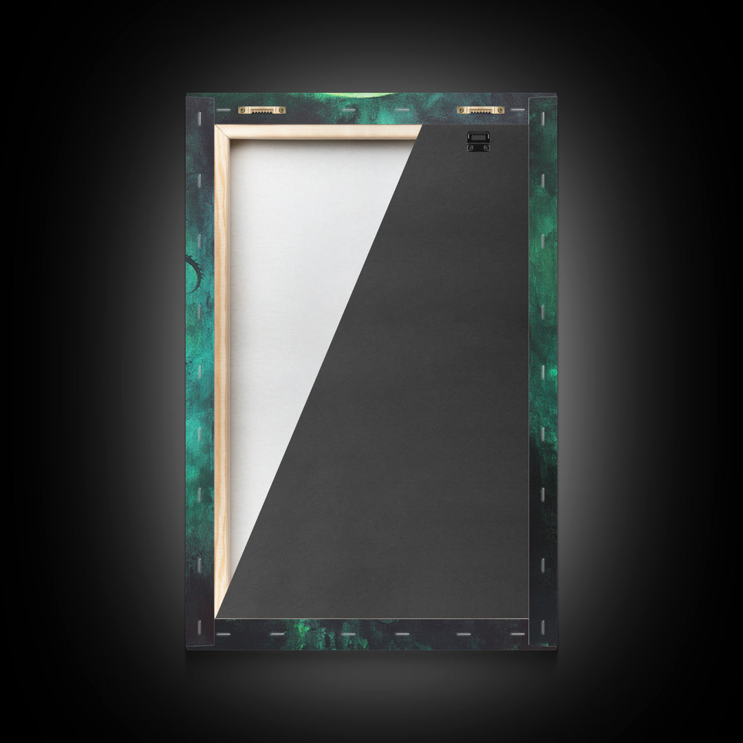 Green Moon Dragon Castle Framed Canvas Print, Gothic Dark Fantasy Wall Art For Moody Bedroom Decor Halloween Gift For Him