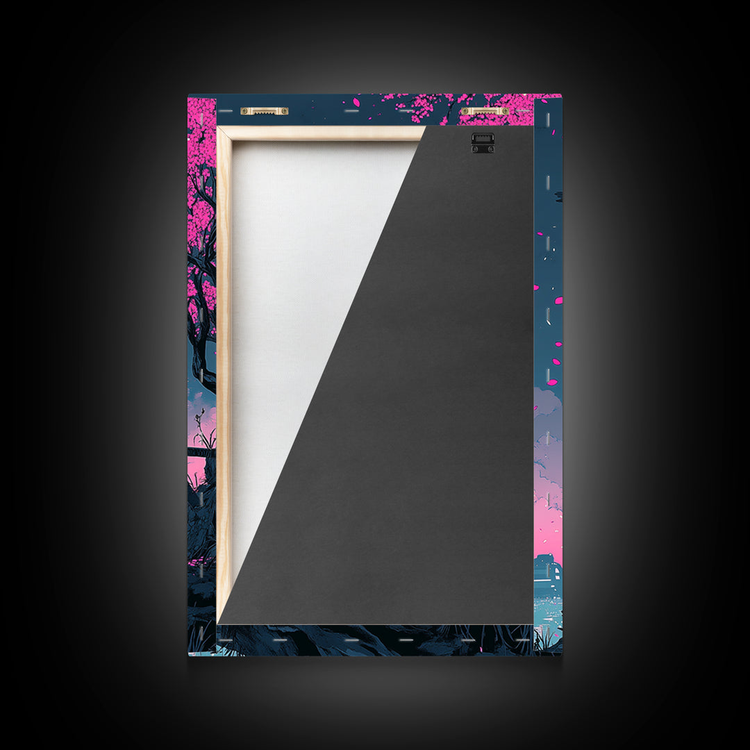 Cyberpunk Warrior Sakura Night Framed Canvas Print, Neon Sci Fi Wall Art, Pink Cherry Blossom Decor, Futuristic Poster, Gift For Him