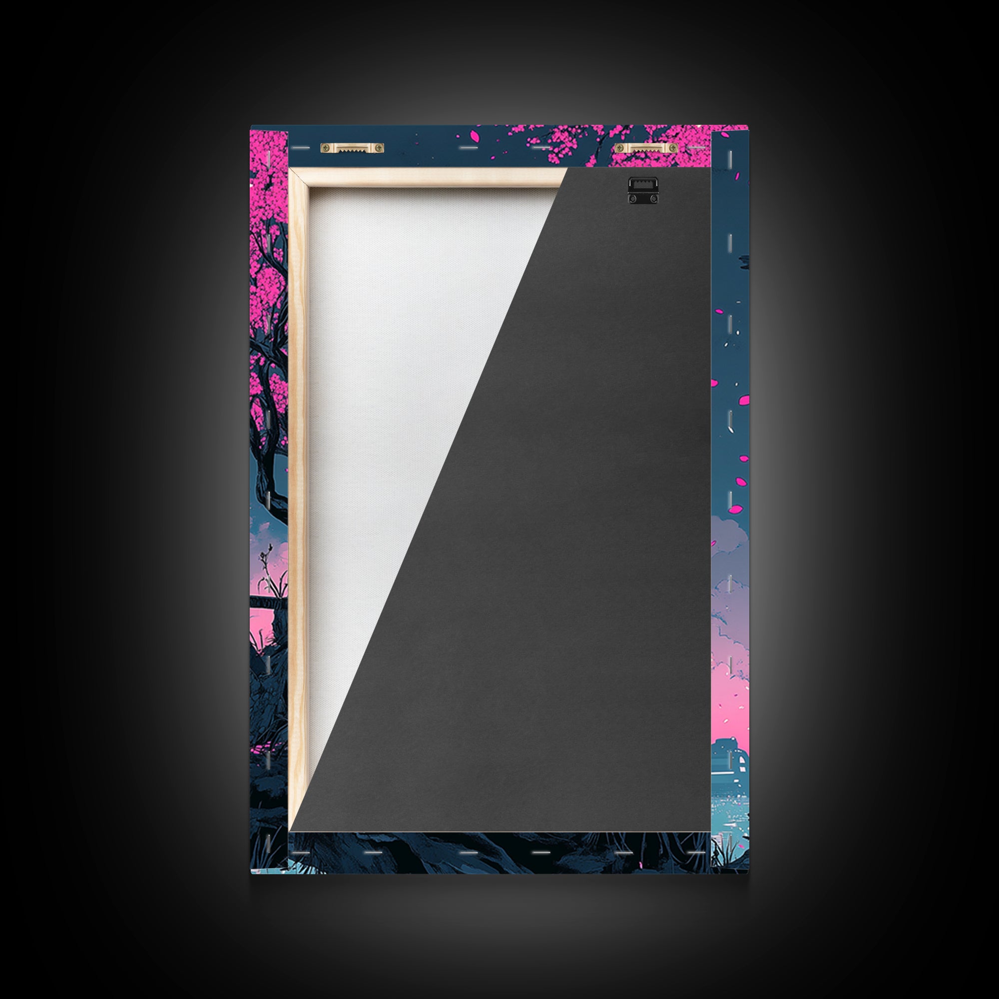 Cyberpunk Warrior Sakura Night Framed Canvas Print, Neon Sci Fi Wall Art, Pink Cherry Blossom Decor, Futuristic Poster, Gift For Him