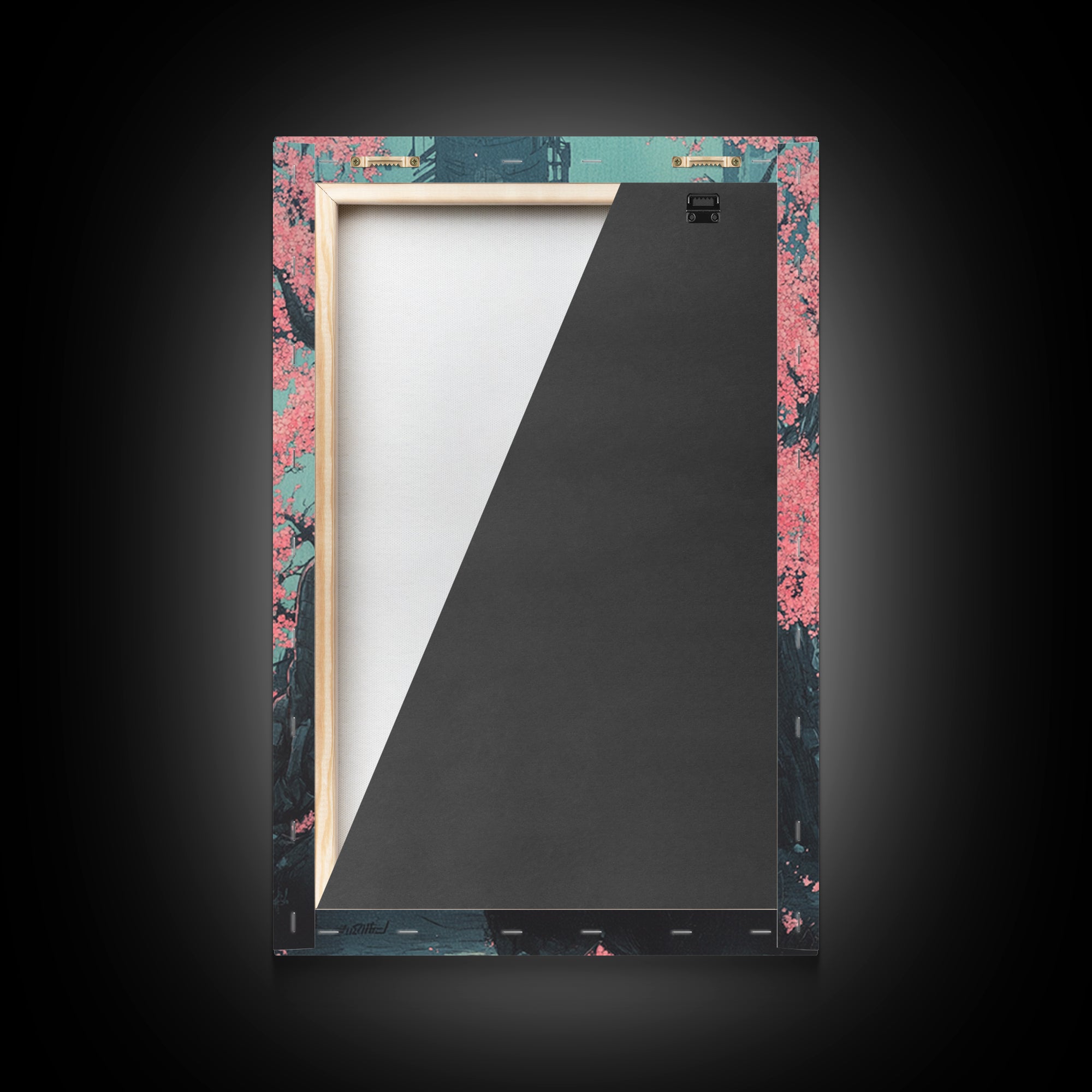 Neon Portal Temple With Pink Sakura Canvas Print, Cyberpunk Wall Art, Japanese Sci Fi Decor, Moody Office Wall Decor For Him