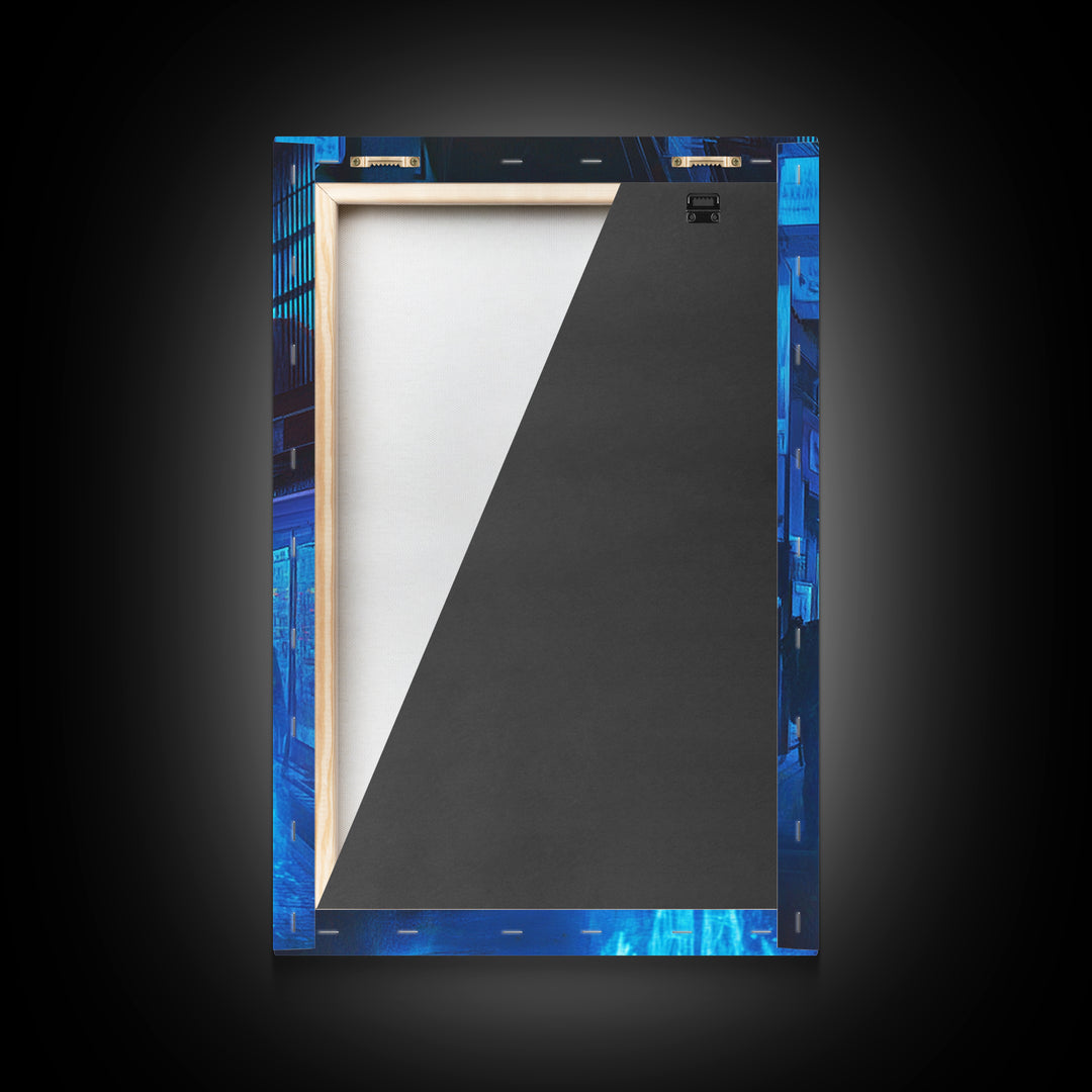 Blue Hologram Figures In Cyberpunk Alley Framed Canvas Print, Neon Wall Art, Sci Fi Cityscape, Gaming Room Decor, Futuristic Decor