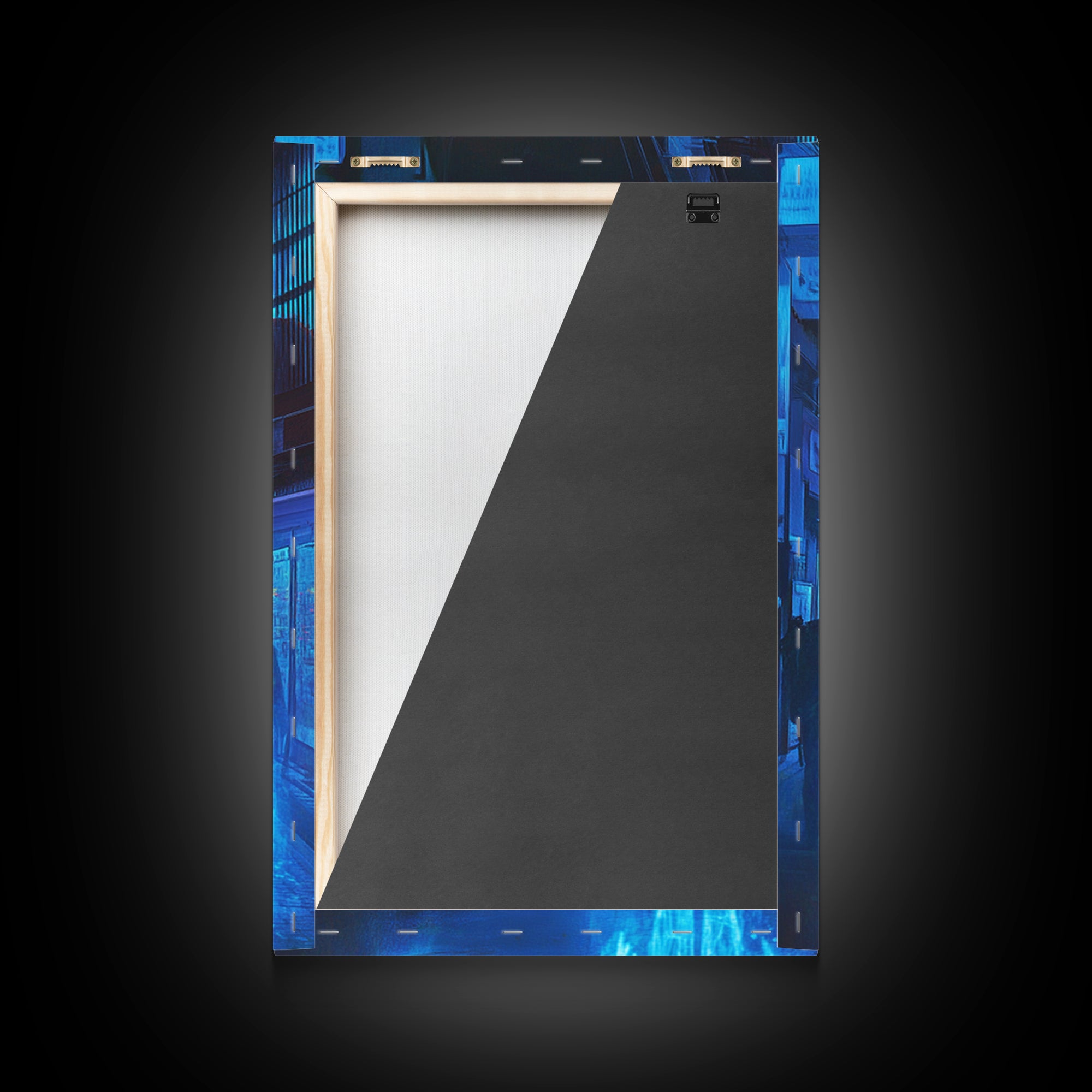 Blue Hologram Figures In Cyberpunk Alley Framed Canvas Print, Neon Wall Art, Sci Fi Cityscape, Gaming Room Decor, Futuristic Decor