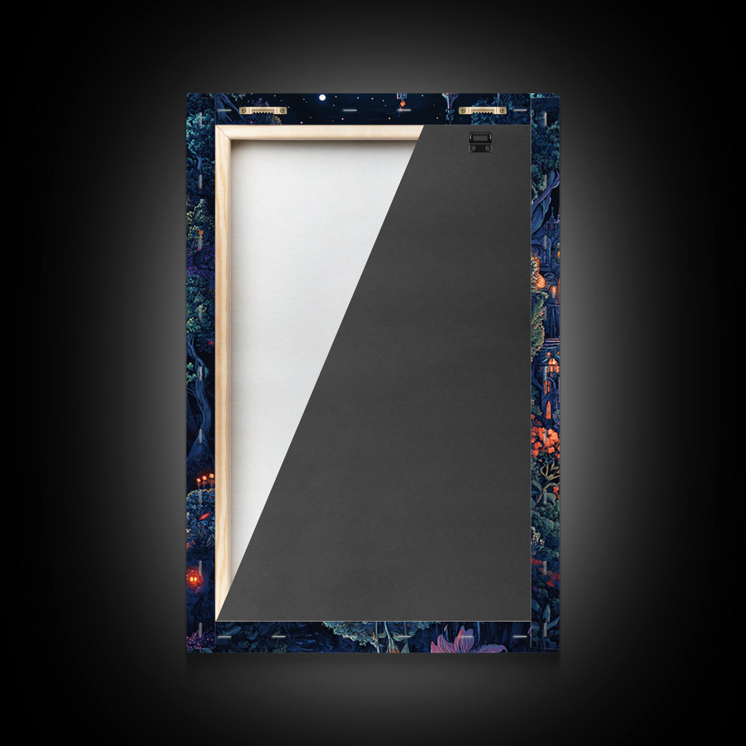 Moonlit Magical Garden Village Wall Art, Whimsical Fantasy Castle Canvas Print, Dark Botanical Decor, Maximalist Room Art
