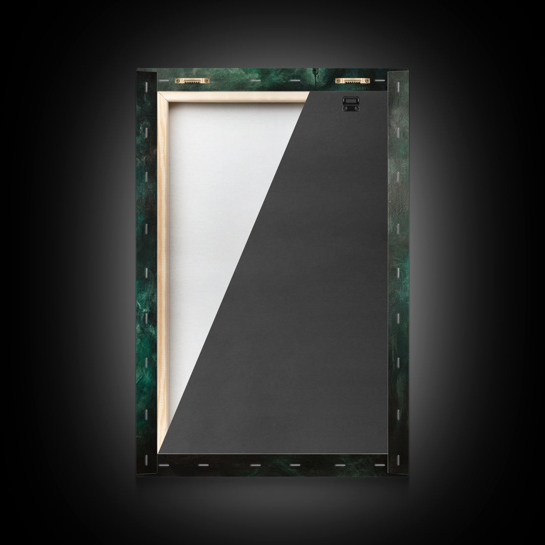 Dark Emerald Spire And Lone Wanderer Wall Art, Gothic Fantasy Canvas Print, Moody Surreal Landscape, Dark Academia Decor
