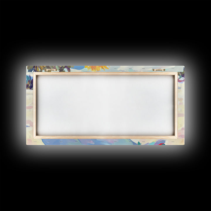 Striped Knit Hat In Snow Canvas Print, Cozy Winter Wall Art, Colorful Nursery Decor, Mountain Landscape, Housewarming Gift