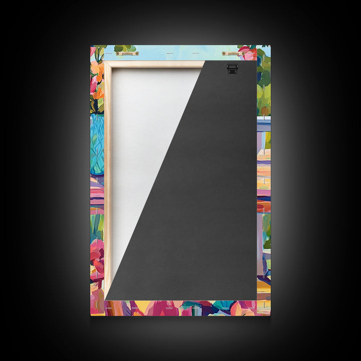 Sunny Chicken Patio Still Life Framed Canvas Print, Farmhouse Kitchen Wall Art, Country Decor, Wine And Fruit Housewarming Gift
