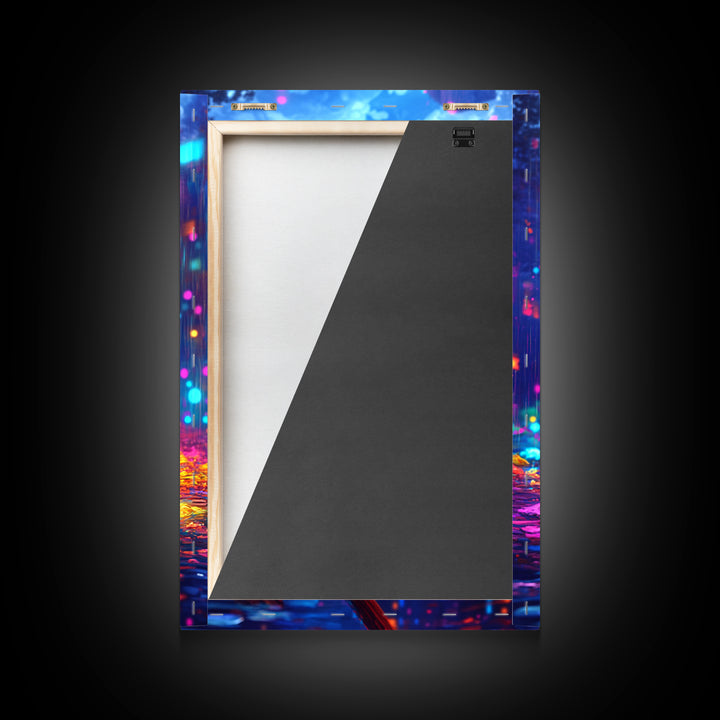 Neon Axe In Rainy City Framed Canvas Print, Cyberpunk Wall Art, Dystopian Decor, Gamer Room Art, Unique Gift For Him, Home Decor