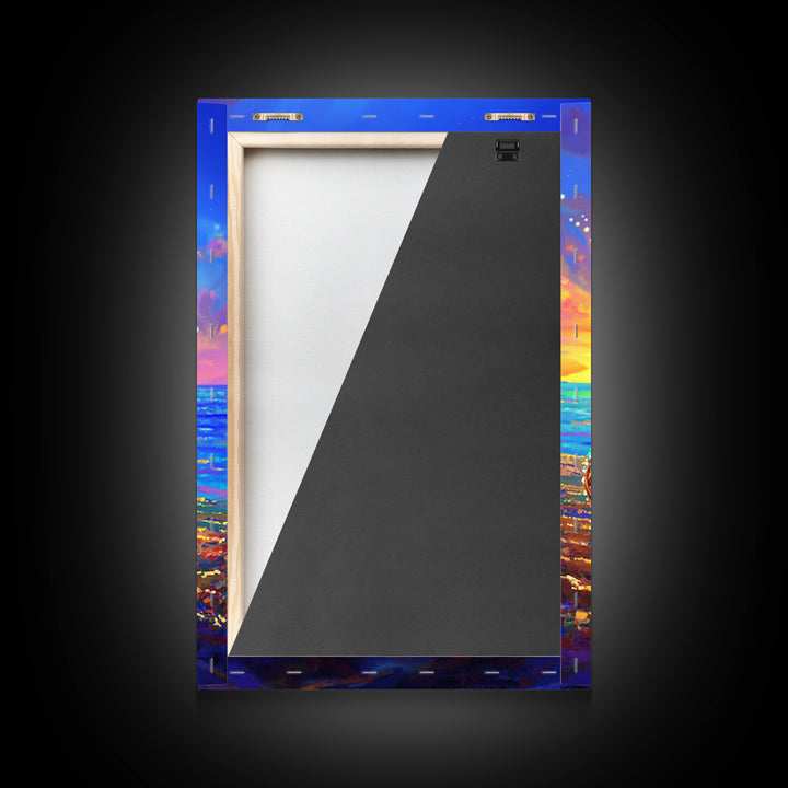 Iridescent Headphones On Sunset Beach Canvas Print, Music Studio Wall Art, Ocean Decor, Gamer Room Decor, Gift For Him, Art Gift